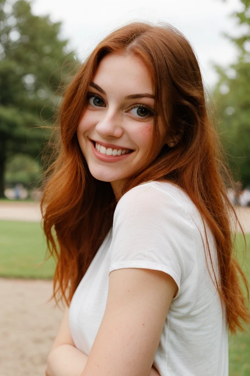 Beautiful redhead, smiling in the park