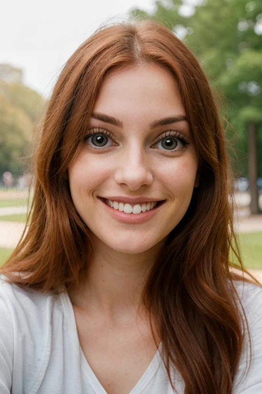 Beautiful redhead, smiling in the park