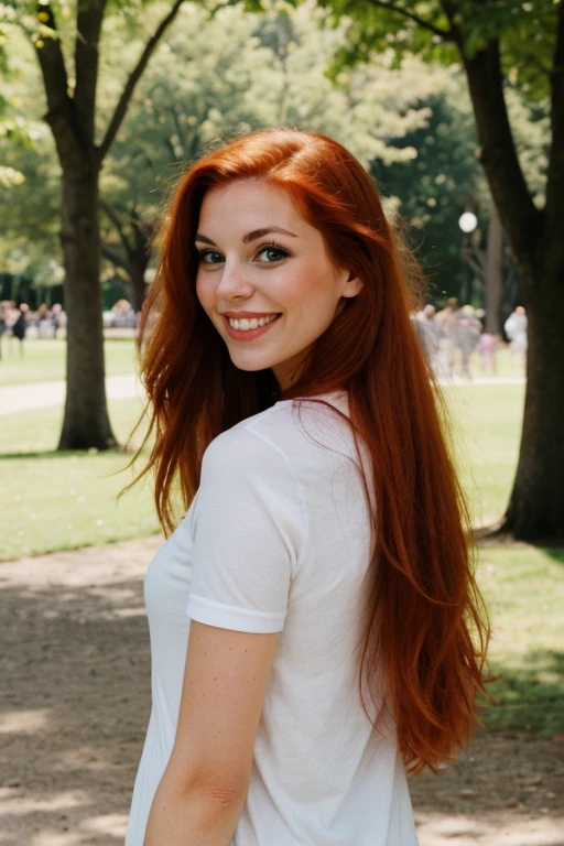 Beautiful redhead, smiling in the park