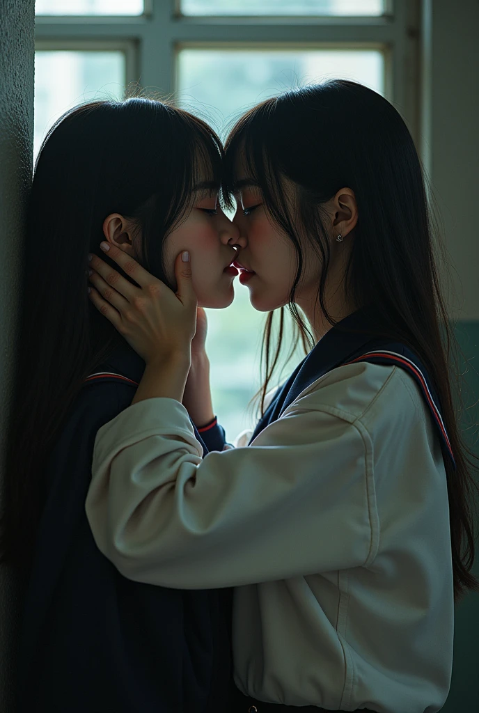two schoolgirls, dislike kiss, facing each other, no gap, cheeks collide, angry expression, kiss, close contact on crowded train, stuck between girls face, glare