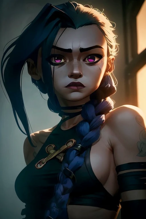 jinx from arcane, beautiful body, long blue hair in two braids, sexy pose, blue cloud tattoos on right shoulder, arcane style, bare ass, no clothes, naked, bright purple eyes, bare breasts, very detailed, chaotic background, 