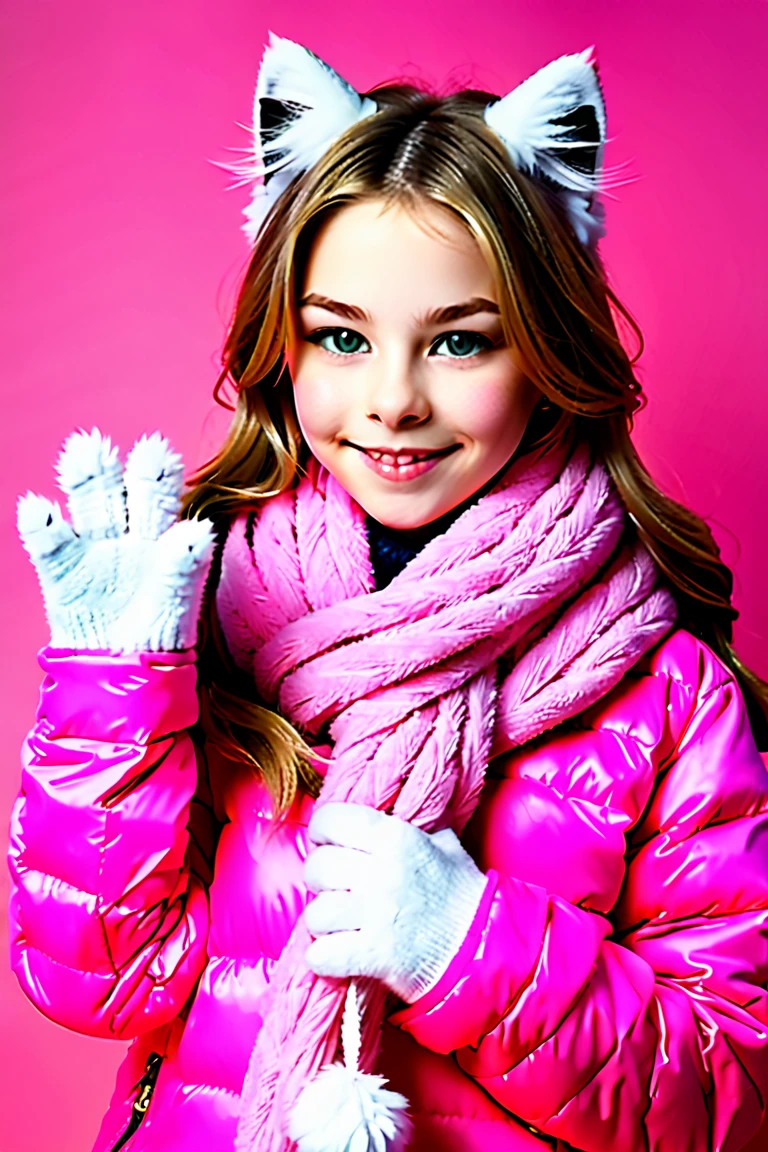 Cat eared, paw pose, cheerful, cute ((twelve years old catgirl)), real cat ears, real cat tail, vibrant colorful winter background, pink warm jacket and scarf. 