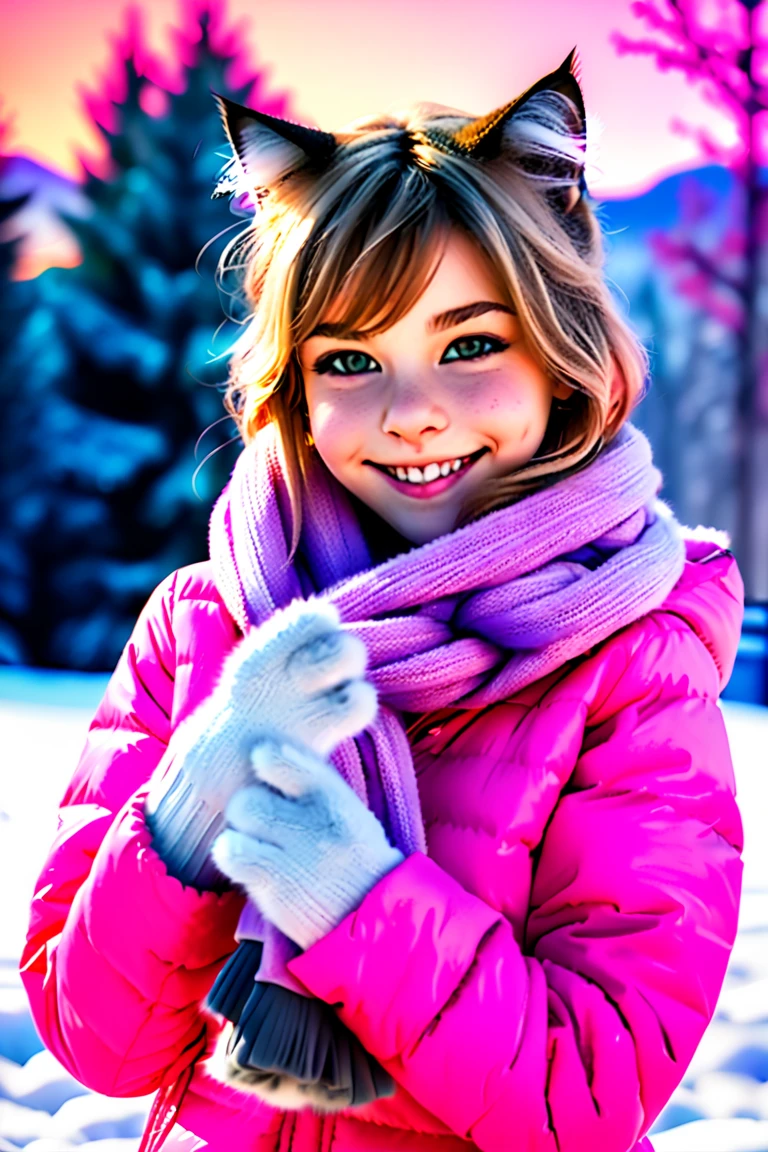 Cat eared, paw pose, cheerful, cute (( catgirl)), real cat ears, real cat tail, vibrant colorful winter background, pink warm jacket and scarf. 