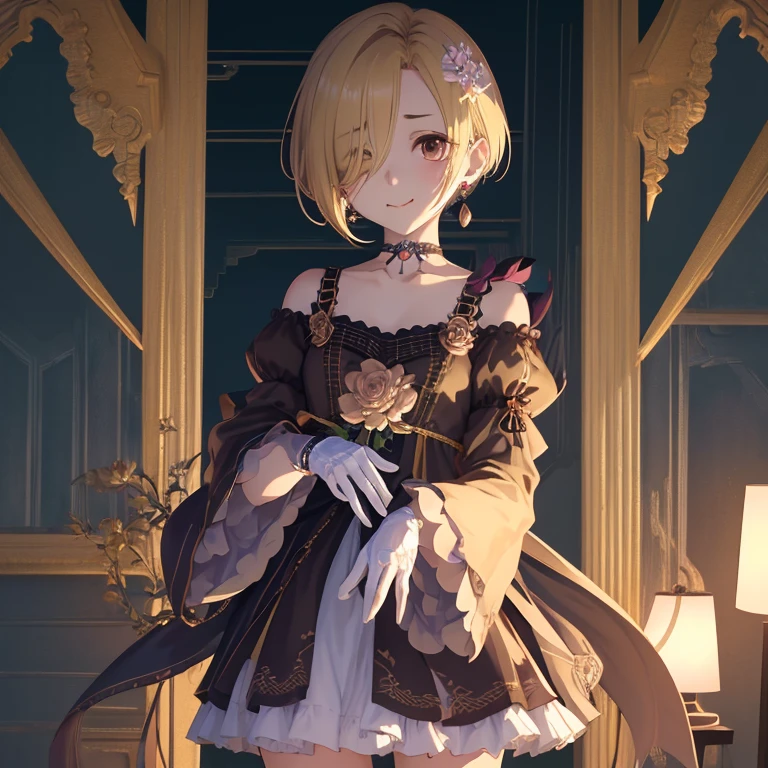 masterpiece,  top quality ,  ULTRA DETAIL,  illustration, , Shirasaka Koume,  1 girl, Alone,  watching viewers, smile,  short hair, Blonde,  gloves,  brown eyes,   jewelry, clavicle, flower, Baggy clothes、white men's shirt 、Moe sleeves、 white skin、Thin under-eye 、Earrings,  choker , Hair over the eyes,  right eye completely hidden by hair、 small、 cute,  top quality ,  realistic lighting , Light Particles,  complicated ( high detail:1.1), masterpiece, 、