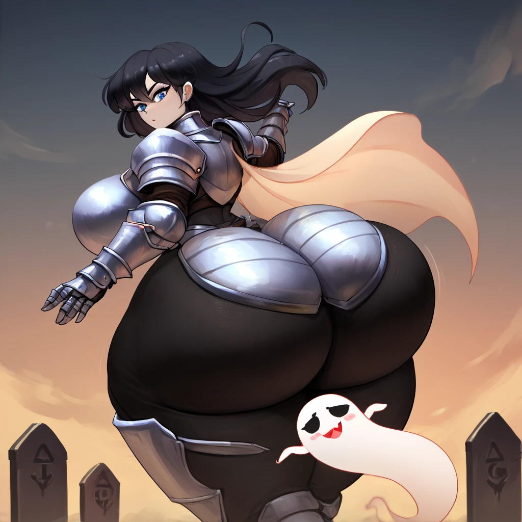 score_9, score_8_up, score_7_up, score_6_up, score_5_up, score_4_up, source_furry, by yboon, cowboy shot BREAK 1girl, thicc, large booty, big booty, humongous butt, gigantic butt, titanic butt, wide hips, graveyard background, knight armor, wearing knight armor, tight black pants underneath armor, shiny pants, rusty armor, ghost woman, ghost, pale skin, blue eyes, black hair, floating hair,