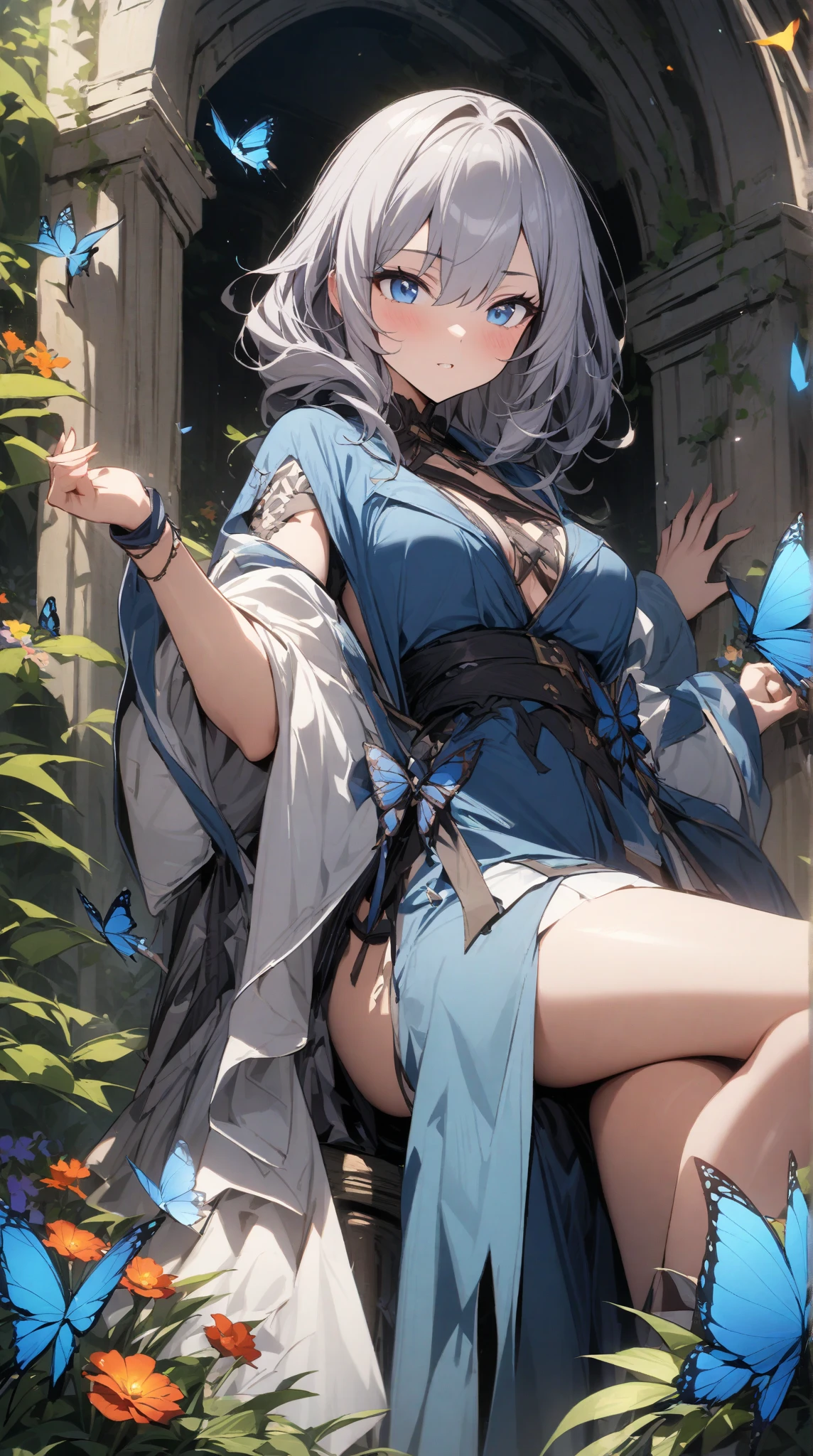 {best quality}, {very aesthetic}, {ultra-detailed}, {best illustration}, masterpiece, (Adult,19 years old,One Girl, alone, Final Fantasy 12,Asheria:1.5, Asheria:1.5, Asheria:1.5, Shortcuts, Shortcuts, Bobcut, Silver Hair:1.2,Asheria Costume:1.5,Asheria Costume:1.5, Asheria Costume:1.5, Torn Skirt, Knee socks, Thighs Thighs Thighs Thighs, gem, Blue Belt,Belt number 1),Course of action, A look of contempt ,full body1.5, squatting, spread legs, (((hands tied behind the back:1.5))), (((hands tied behind the back:1.5))), ((butterfly micro panties:1.4)),
