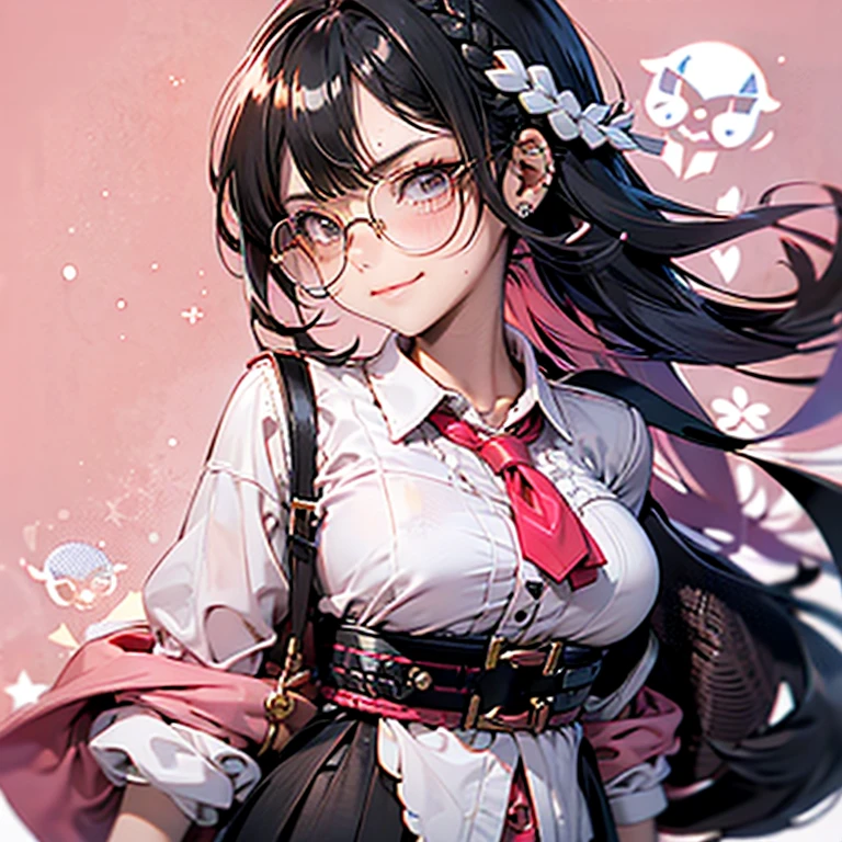  black hair, braid twin tail,Round sunglasses, smirk, Red and White Jacket ,pearl pink shirt ,Black wide pants, Bust up shot 