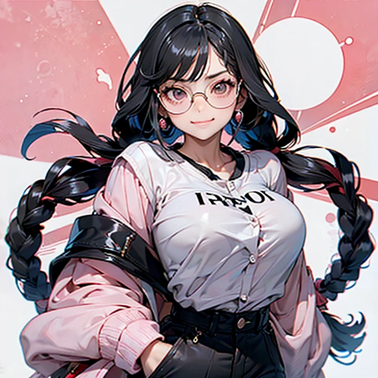  black hair, braid twin tail,Round sunglasses, smirk, Red and White Jacket ,pearl pink shirt ,Black wide pants, Bust up shot 