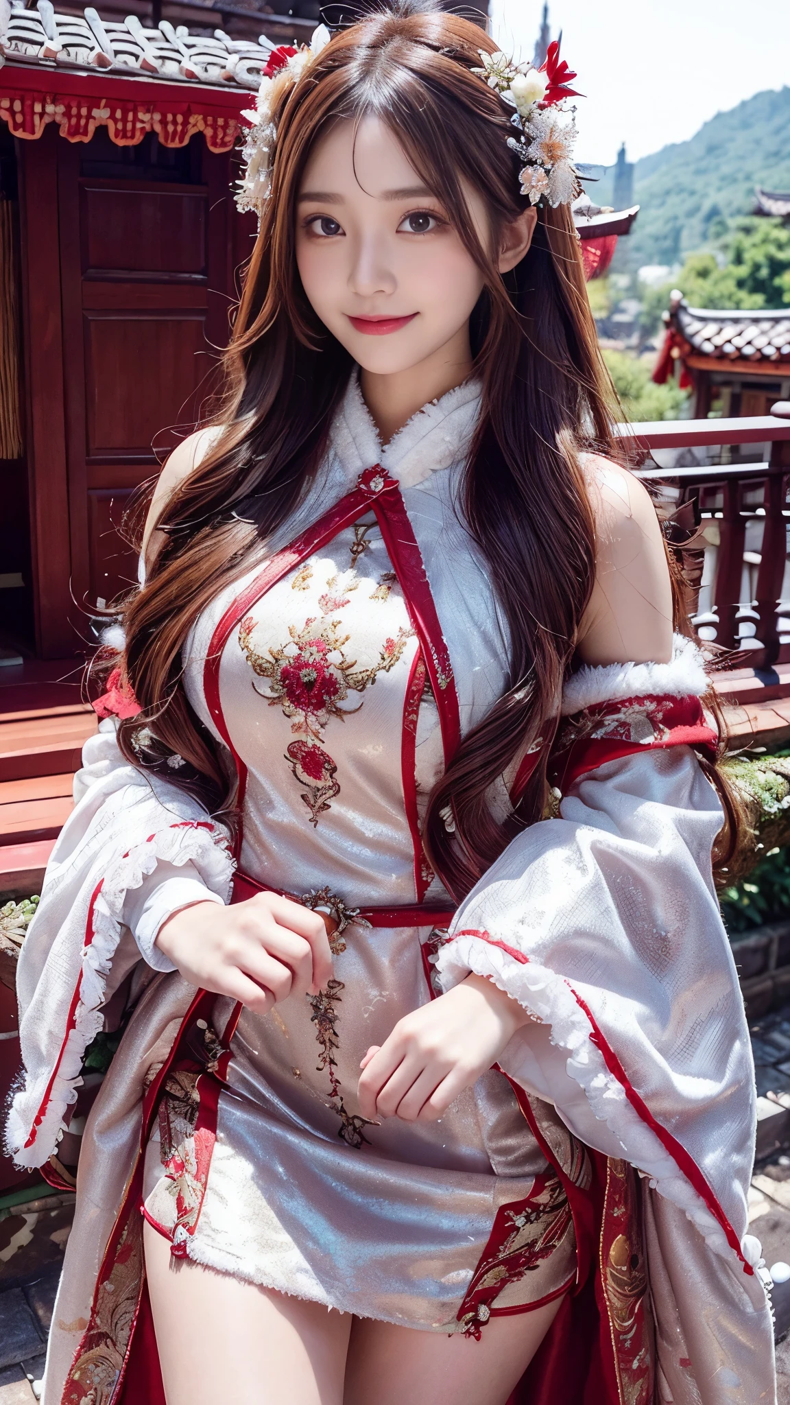 (nsfw), sexy stylish Thai model, only 1 female, ((doll-like appearance)), short bright red stylish hair, ((shiny Victorian-Style boots)), (big smile), ultra detailed eyes, vivid eye makeup, lipgloss, long lashes, defined eyebrows, ((sexy Paradise Kiss cosplay)), bell-shaped skirt, petticoats, high neckline, puffed sleeves, ((ultra detailed lace)), ((ultra detailed embroidery)), intricate details, Paradise Kiss accessoires and matching headpiece, choker, ((large sparkling Paradise Kiss jewelry)), cinematic light, detailed large park background with trees