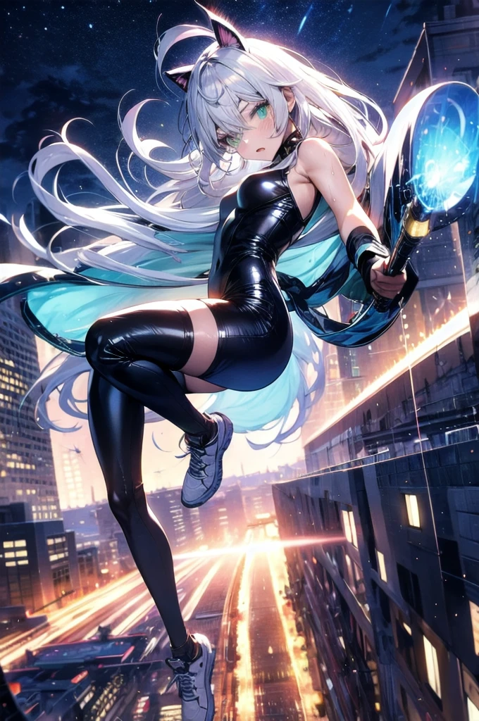 masterpiece, best quality, highres, 1girl, solo, superhero, leotard, bare legs, boots, matching boots, aura, blue aura, sleeveless, gloves, bracelets, matching gloves, looking at viewer, light particles, city backdrop, perfect hands, perfect eyes, powering up, perfect leotard, perfect legs, perfect arms, perfect fingers,