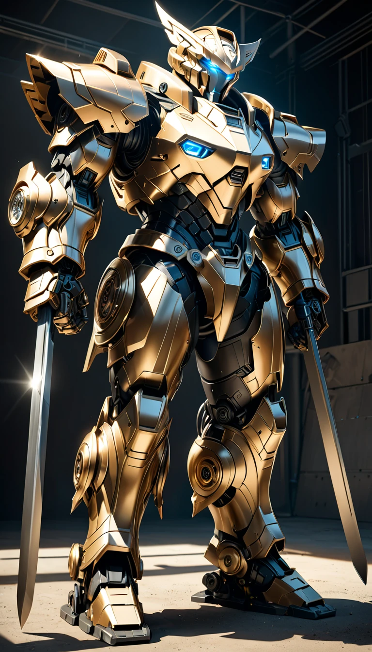 robot gladiator with smooth shape without horns, shiny copper-plated body and blue eyes, dominating the arena, professional and perfect composition, extremely delicate depiction, extremely clear image, various effects, bold and dynamic, contrasts of light and shadow, 2.5D, artistic photography, hyper realistic, ultra detailed, absolutely resolution, masterpiece