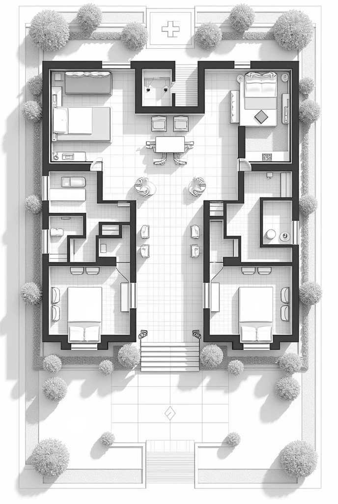 Create the black and white floor plan of a modern mansion in Portuguese