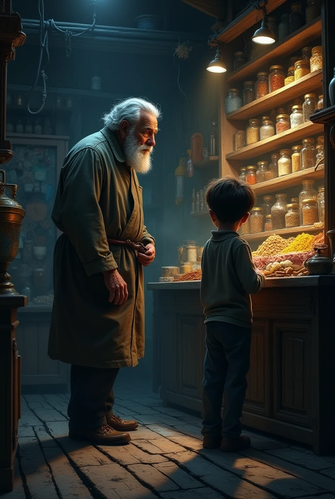 An old, rundown neighbourhood with a small boy, wearing worn-out clothes, peeking into an ancient, dusty shop. The shopkeeper, an old man with a white beard and kind eyes, is sitting behind a counter with various old items around him. The boy's attention is fixed on a mysterious, glowing pencil among the clutter.