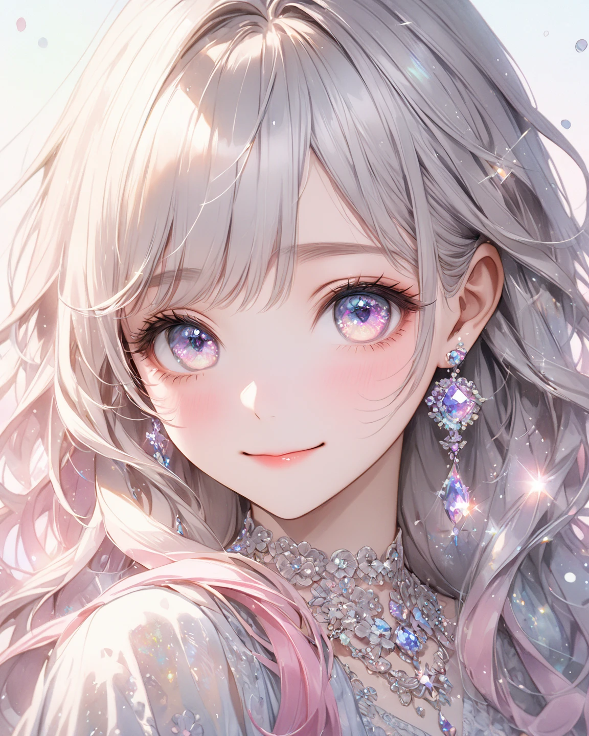 portrait,polished nails,vibrant colors,soft lighting,elegant pose,sparkling silver necklace,luminous crystal chandelier,exquisite lace details,energetic dress,subtle blush on the cheeks,gentle smile, mesmerizing gaze,serene atmosphere,flawless makeup,flowing curled hair,high-resolution portrait,painting-like quality,colorful,artistic style