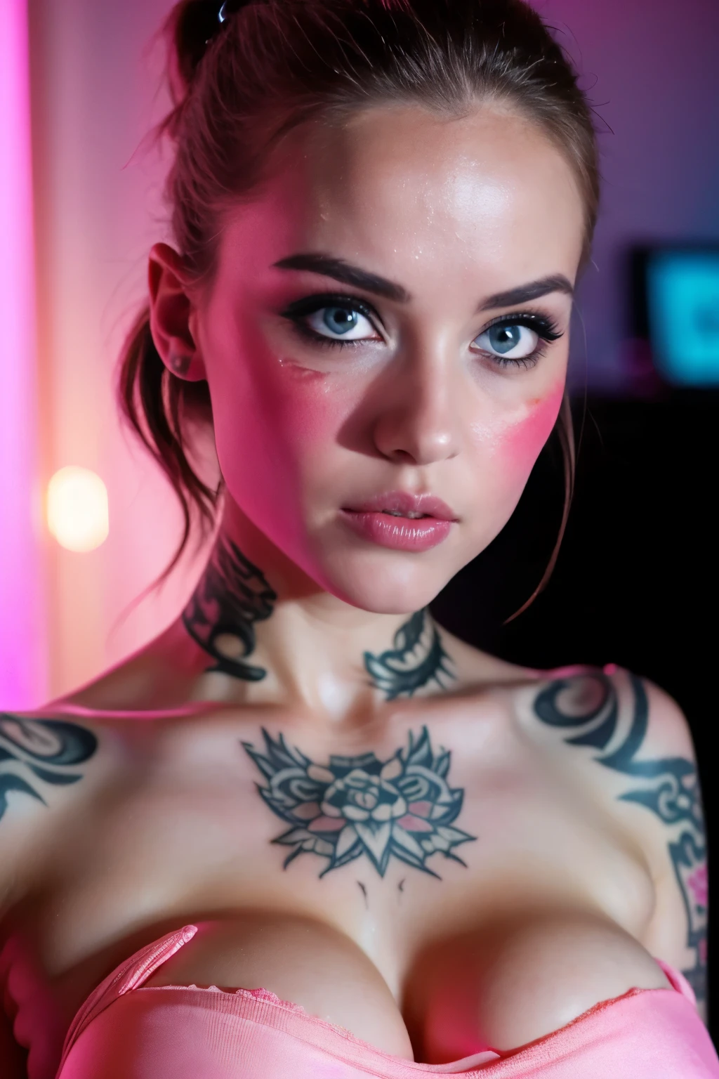 (dim lit:1) ( sweat, blush:1), (at night:1),
(GothicC:1.1), (tattoos:1.4), (ponytail, bangs, high ponytail:1.1), (inside a tattoo studio), (glowing pink light:1.4), (sensual, sexy, seductive, erotic, nsfw), (blushing:1.5), (abby_d0ws3:1.2) 18-year- old beautiful slender petite woman supermodel),(wide jaw sharp jawline), (perfect oval large eyes that gazes at the viewer), beautiful detailed face, blue gorgeous perfect eyes, (attractive young woman:1.3), (thick amazing hair), (seductive:1.1), (blushing:1.1). (((Solid color Background))).
