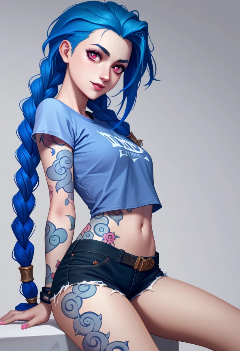 Masterpiece, 8k quality, extremely detailed, blue hair, pink eyes, two long braids, bedroom background, zoomed out, 2.5D, cropped t-shirt, short shorts, blue cloud tattoos one left arm and left side