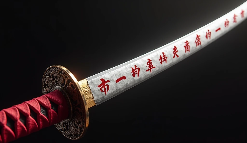  realistic, The theme is "A Japanese sword with a pure white blade and an intricately crafted scabbard", An old Japanese sword from the 1700s suitable for practical combat, It has a crimson red handle,  An intricately decorated circular tsubo ,  and a pure white blade 90cm long , The white blade has a blade pattern、It is designed with crimson red kanji characters of spells to gain supernatural powers, The scabbard is made of expensive animal leather,  sophisticated design,  Advanced Lighting Techniques , And 8K high quality live action photography