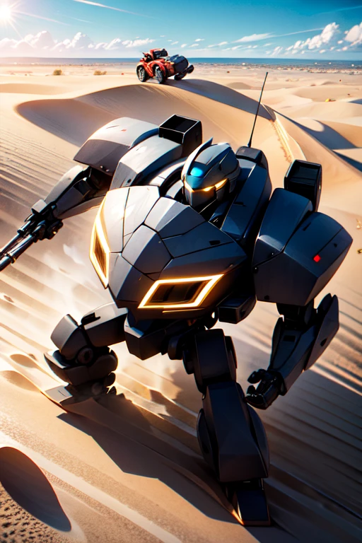 two grey huge robots battling out in the dune desert