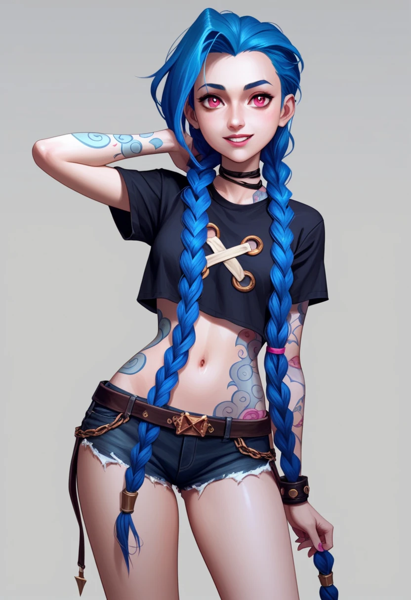 Masterpiece, 8k quality, extremely detailed, blue hair, pink eyes, two long braids, bedroom background, zoomed out, 2.5D, cropped t-shirt, short shorts, blue cloud tattoos one left arm and left side