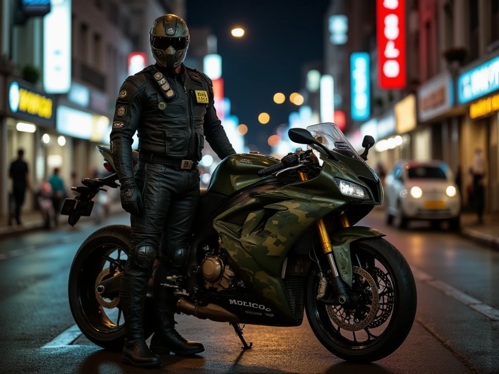 A full-body image of a muscular adult male dressed in military tactical gear, wearing a camouflage leather full-body suit, camouflage mask and tactical boots. The sleek leather outfit provides full coverage, exuding a dark and intense atmosphere. The scene is illuminated by low light, casting dramatic shadows that enhance the mysterious and powerful presence. He stands beside a heavy-duty military camouflage 1000cc Sportbike , ready for action, in a futuristic cyberpunk city street filled with neon lights and advanced technology. The composition emphasizes his commanding stance and the tactical precision of his gear, blending a sleek, futuristic aesthetic with a gritty, law enforcement vibe.,future army,Racing Helmet,army green camouflage