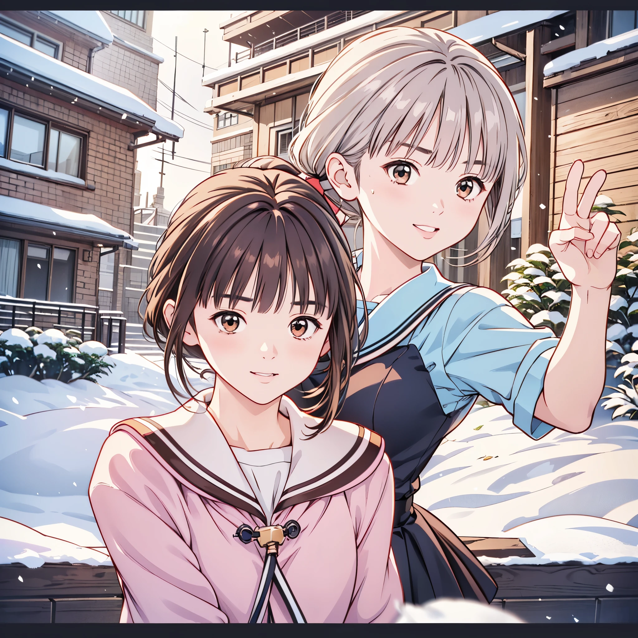 (8k、 top quality 、​masterpiece:1.2)、( realistic、 ultra-detailed、 super A high resolution、 2 girls in 2、(One person has silver hair 、一人はBrown Hair )、 beautiful detailed face、smile、narrow、( slim waist) :1.3)、Spring Clothes、  、 skin texture、Floating Hair、  professional lighting 、****** high ***************服 人体全体、Brown Hair、Shy、Mikity、 romantic in the snow、((****** high ***************、、Ponytail、 idol poses))、