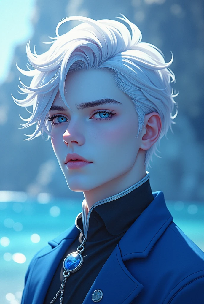 one  beautiful anime style, young adult man, blue skin with soft white short stylish hair. The background is a simple blurred Atlantis Castle. He is dressed in a stylish noble medieval high fantasy, matching blueish silvery clothing and jewelry, he has blue skin, blue skin

The artwork showcases intricate details and attention to the man's features.