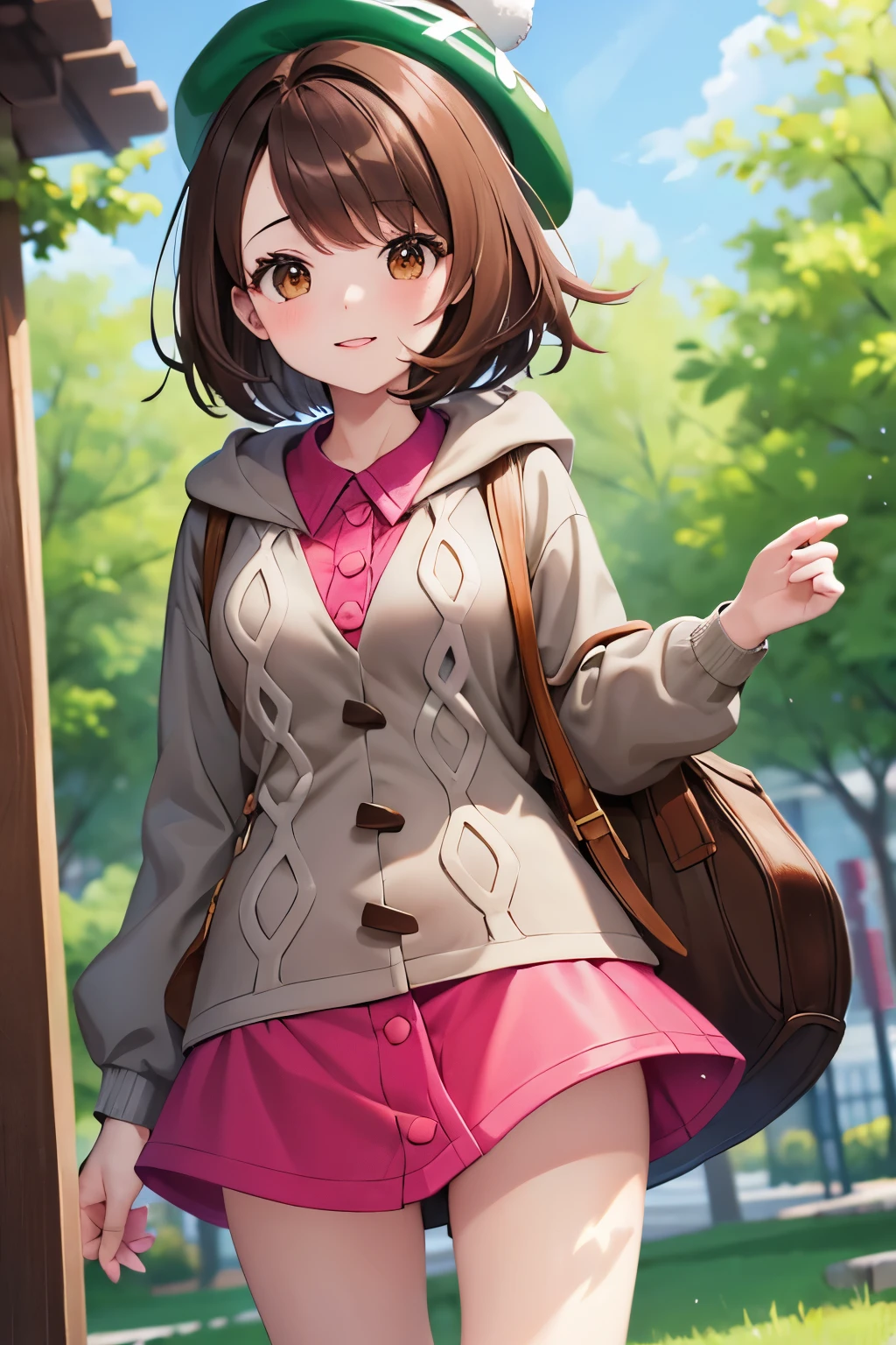 (8k, raw photo, masterpiece, extremely detailed, best quality, professional lighting, high res), BREAK beautiful and adorable girl, zzGloria, brown hair, brown eyes, green hat, grey cardigan, hooded cardigan, cable knit, pink dress, green socks, long sleeves, collared dress, energetic, almond shaped eyes, pokemon trainer, cleaver