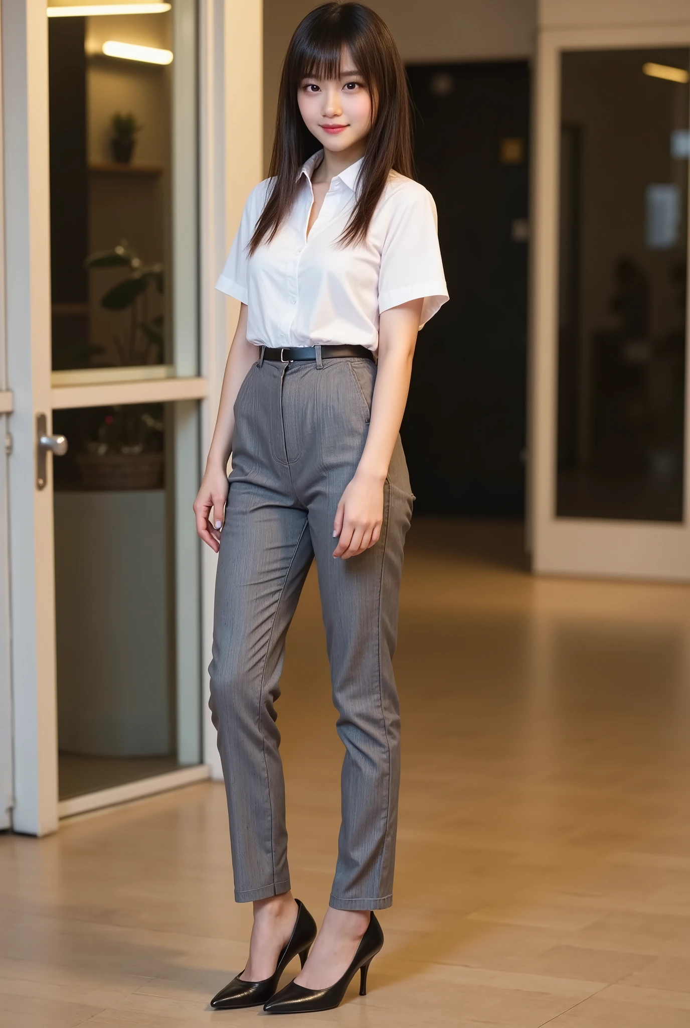 upper real , photorealistic , she looks very happy , shadow, Global Pi Illuminations , alone, (age Japanese Girl:1.5), very beautiful and delicate Japanese girl , black hair、very beautiful、 smile , slim, beautiful legs , surimi waist 、 office lady suit jacket、blouse、 pants style 、 pumps、 facing forward, full body photo ,