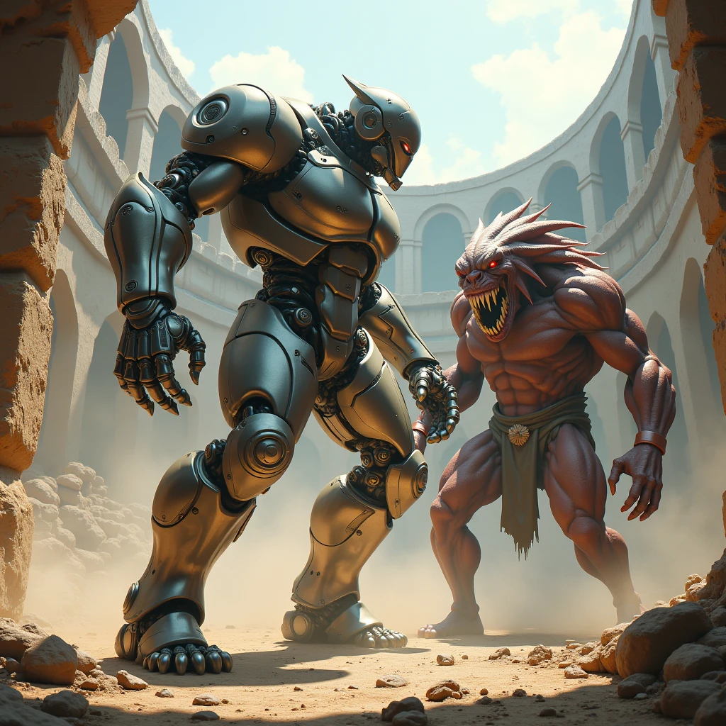 Robot gladiator in form of a male human, fighting monster in the arena