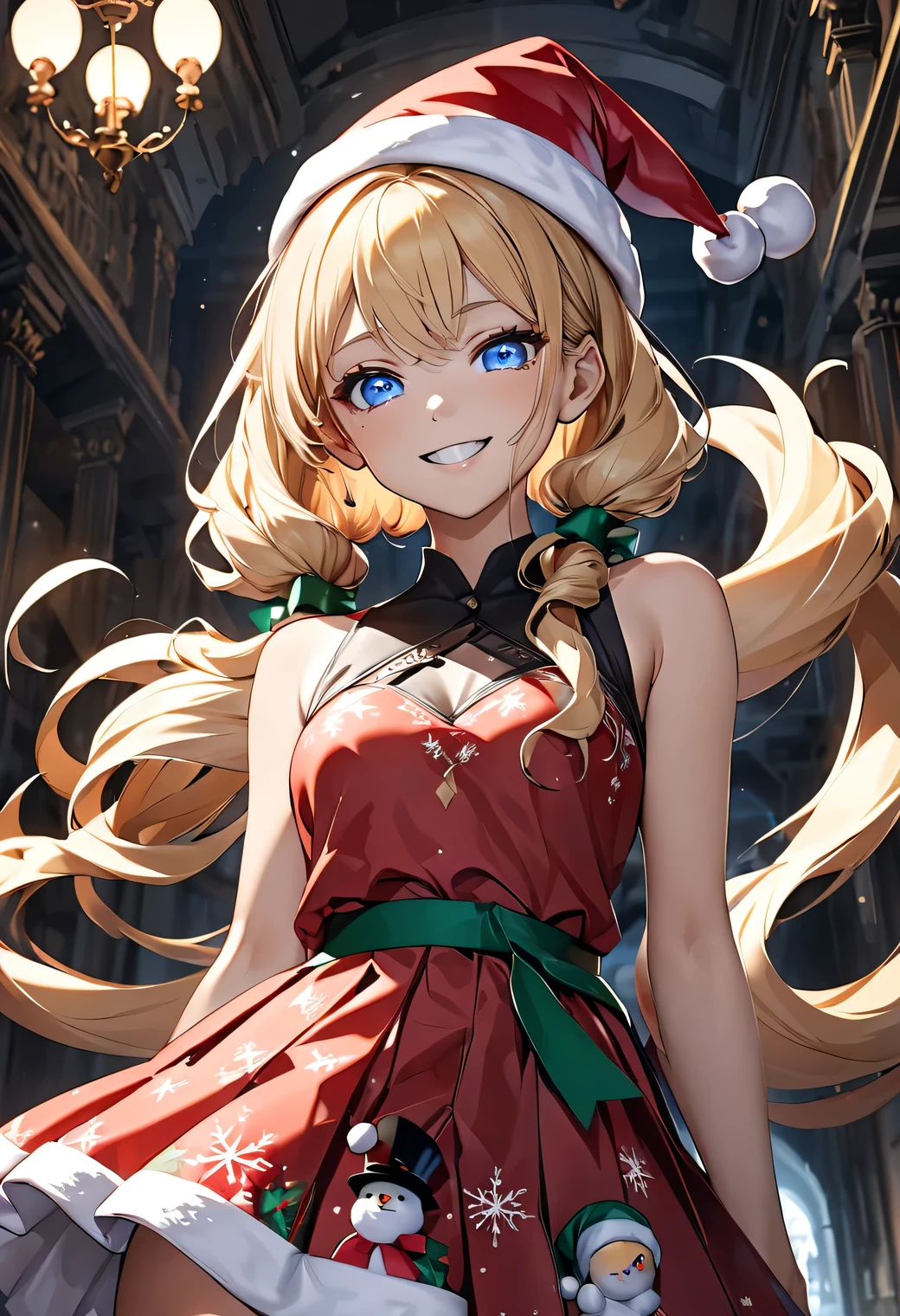 ((best quality)), ((masterpiece)), (detailed), (4k), (8K), 1girl, Beautiful anime girl, ( r ), beautiful face , shiny skin and face , make-up, smiling showing her teeth , big, aesthetic eyes , blue eyes, shiny , (( intimidating look)), aesthetic hands, detailed hair , Very long, fluffy wavy, blonde, ( hairstyle with two tails and loose at the back), fringe, Christmas hat, (red Christmas dress without shoulders ), short skirt , Black sleeveless top, (holding a machete in his hands), Close to the face , walking, in a dark palace, Christmas ornaments. ((View from below)). Blurred shadows. DARK ATMOSPHERE. (highly detailed textures), (highly detailed clothes), ( highly detailed cute face ). (Artistic anime style).