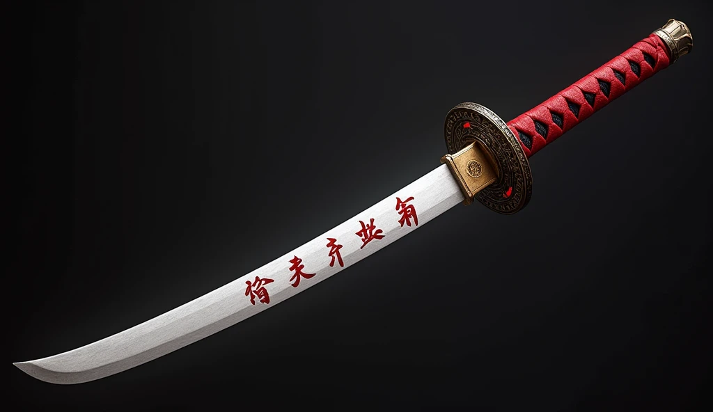  realistic, The theme is "A Japanese sword with a pure white blade and an intricately crafted scabbard", An old Japanese sword from the 1700s suitable for practical combat, It has a crimson red handle,  An intricately decorated circular tsubo,  and a pure white blade 90cm long, The white blade has a blade pattern、It is designed with crimson red kanji characters of spells to gain supernatural powers, The scabbard is made of expensive animal leather,  sophisticated design,  Advanced Lighting Techniques , And 8K high quality live action photography