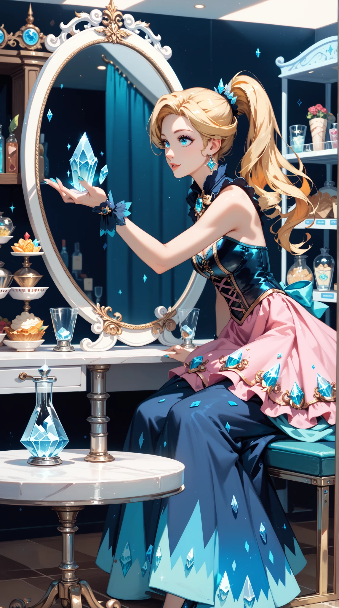 high quality， A Mysterious and Elegant Young Scientist Portrait of， Golden Shimmering Blonde ， One-Sided Ponytail ， Wind Mirror ，Exquisite facial features， Aqua Blue Eyes ，Crystal Eye ， Lolita Witch Dress ，long skirt， Knightlike Sitting ， Flimsy ， Feminized Armour Shop ， Whimsical Gestures ， Ice Magic 