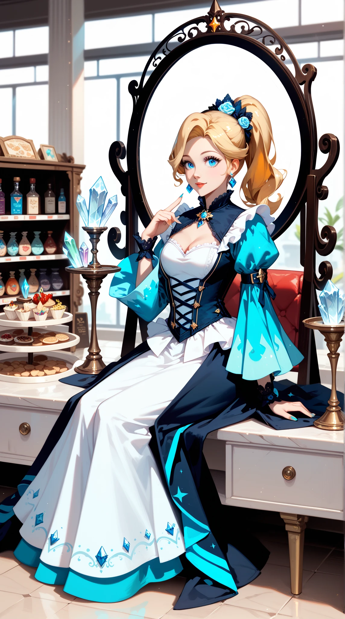 high quality， A Mysterious and Elegant Young Scientist Portrait of， Golden Shimmering Blonde ， One-Sided Ponytail ， Wind Mirror ，Exquisite facial features， Aqua Blue Eyes ，Crystal Eye ， Lolita Witch Dress ，long skirt， Knightlike Sitting ， Flimsy ， Feminized Armour Shop ， Whimsical Gestures ， Ice Magic 