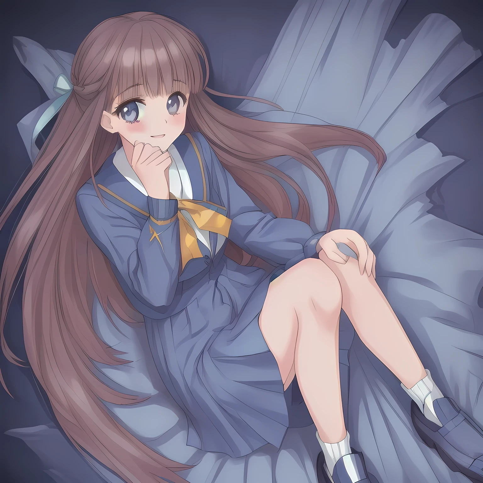 (highest quality, masterpiece: 1.6), (Too pretty intelligent girl with navy uniform is posing as a most beautiful heroine with a perfect supreme smile, looking down elegantly and laughing at the viewer, Too Beautiful noble 18yo beautiful anime noble heroine, unbelievable beauty, beautiful giggling noble elegant 18yo neat anime heroine wares completely white neat blouse covered by navy-blue-expensive-blazer and navy-blue-checkered-pleats-school-skirt with metallic luster, the skirt should cover the knees to be neat, inviting me to the world of neat school-uniform pleasure, Noble Elegant blazer-style school uniform with prettiest blouse and blue-breast ribbon, beautiful legs with white socks, loafers: 1.5), (Anime-heroine's noble brown winked pretty eyes with profound intelligence are very narrowed due to extreme laugh.  Clearly double eye-ridged. The beauty of eyes have deep strong effect of allusion to the viewer: 1.6), (Eyes, face and hair are especially beautifully detailed and beautifully drawn: 1.8), (Girl whom everyone loves because of her beauty and lovely fashion and noble manner and magic-charm: 1.4), (Very beautiful, various, cute gorgeous rich dark black hair like seducing hair model, with elegant big yellow hair ribbons: 1.5), (Perfect style like a famous school fashion model whom every girls admire: 1.5), (Clearly-detailed well-contrasted neat bewitching too-expensive atmosphere foreground: 1.8), (Dark-blue background: 1.9), (Viewer can't to stop falling into deep allusion by her beautiful seducing sweet pure soprano voice with extreme pleasure with high-class classic music: 1.8), (Take her laying full body prone shot and supine shot side by side. Only beautiful long legs can cross the center and can be intertwined: 1.5)