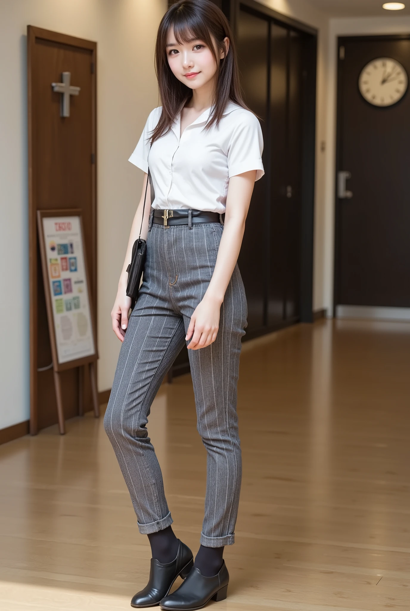 upper real  , photorealistic , she looks very happy , shadow, Global Pi Illuminations , alone, (age Japanese Girl:1.5), very beautiful and delicate Japanese girl ,  black hair、 hairstyle shortcut、very beautiful、 smile , slim, beautiful legs ， surimi waist 、 office lady suit jacket、blouse、 pants style  、 black tights 、 pumps、 facing forward， full body photo ，
