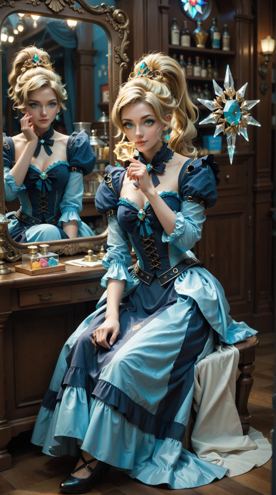 high quality， A Mysterious and Elegant Young Scientist Portrait of， Golden Shimmering Blonde ， One-Sided Ponytail ， Wind Mirror ，Exquisite facial features， Aqua Blue Eyes ，Crystal Eye ， Lolita Witch Dress ，long skirt， Knightlike Sitting ， Flimsy ， Feminized Armour Shop ， Whimsical Gestures ， Ice Magic 