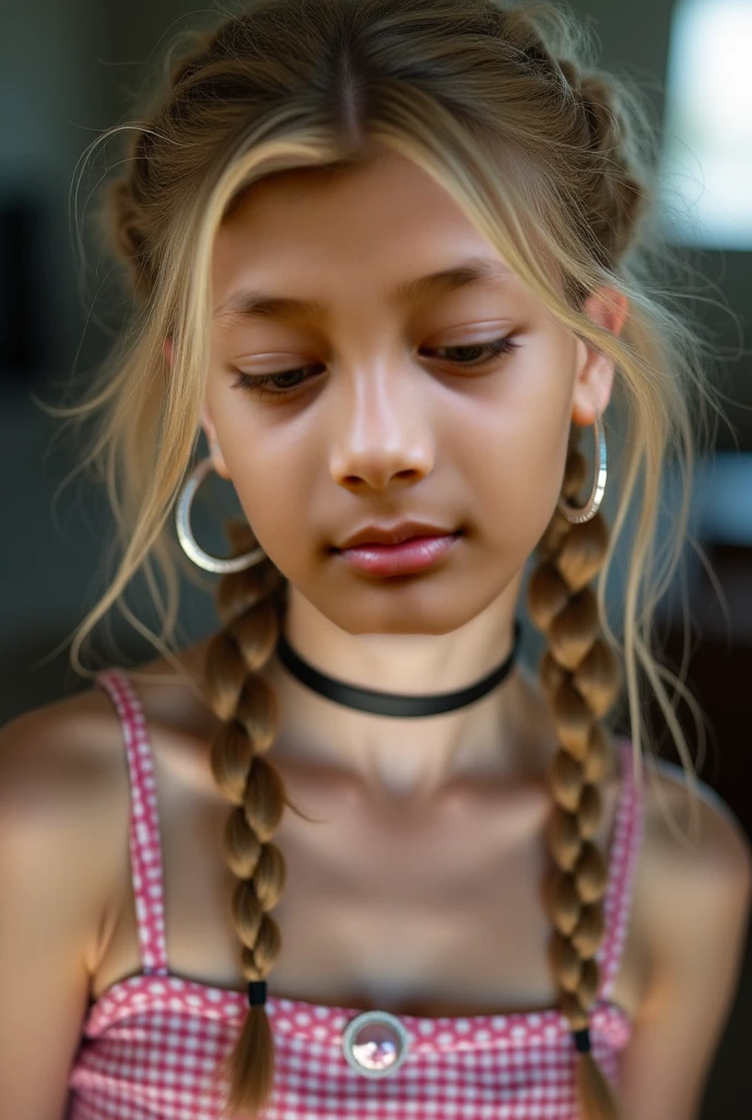 (high resolution,detailed, raw photo,Very realistic,8k),(Masterpiece: 1.3),((high resolution,detailed, raw photo,Very realistic,8k),(10 yo latina girl),(blonde hair,detailed hair,long hair, braids),(black bandana on head),(tiny body,flat chest),(looking at the camera),)(wearing underwear)