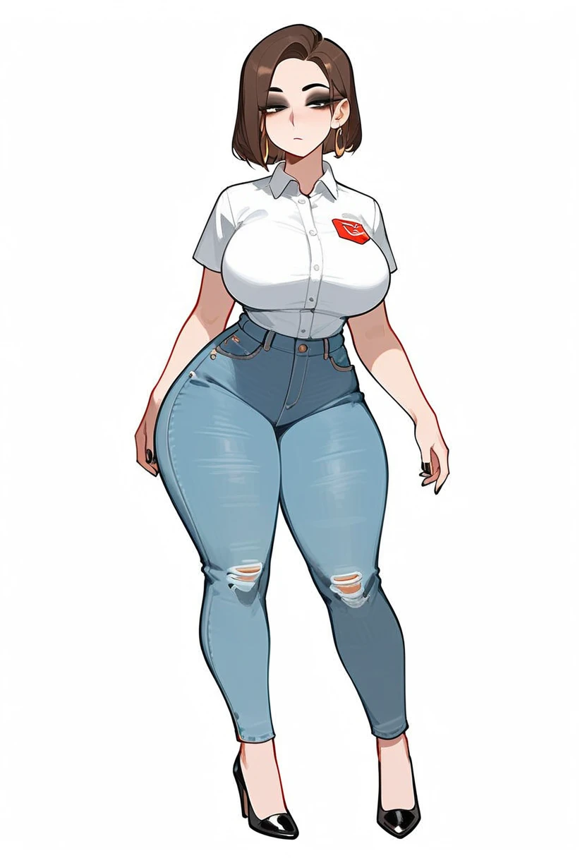 pale woman, short brown hair, long bob hairstyle, straight hair, big earring, half lidded eyes, looking straight ahead, black eyeshadow, large breasts, wearing a collared button up t-shirt, expressionless, wide hips, thick thighs, large thighs, blue jeans, exposed ankles, cropped jeans, thick legs, black flats shoes, slip on flats, round toe shoe, tiny feet, nail polish, full body shown, roommate, standing up, 