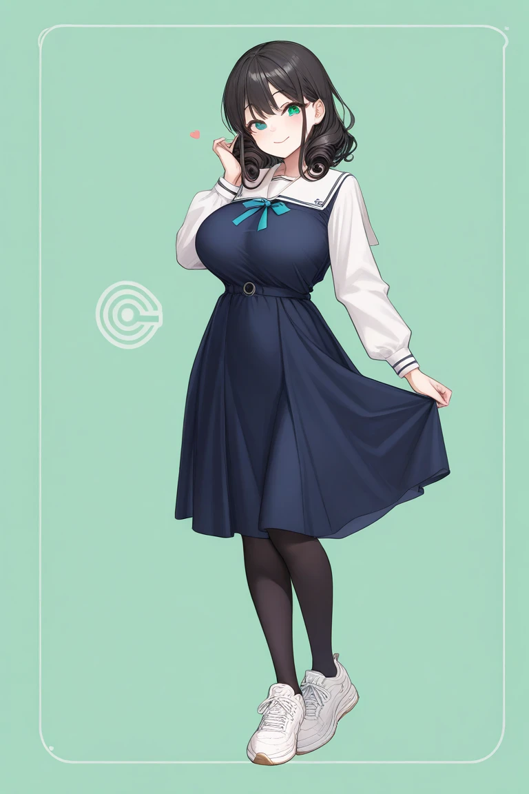 1girl,masterpiece,  top quality ,  Very Aesthetic ,  absurd, up to date,school uniform dress,curly black hair,happy,sneakers,Smile lightly,  beautiful,Alone, slender body 、stand、,sidelock ,jade eyes,endearing smile, chibi, full body,green background,big breasts