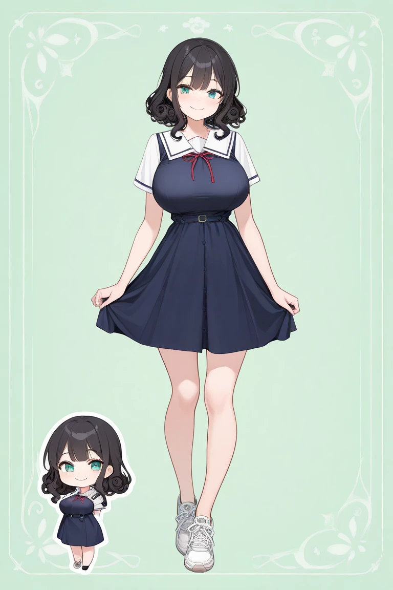 1girl,masterpiece,  top quality ,  Very Aesthetic ,  absurd, up to date,school uniform dress,curly black hair,happy,sneakers,Smile lightly,  beautiful,Alone, slender body 、stand、,sidelock ,jade eyes,endearing smile, chibi, full body,green background,big breasts