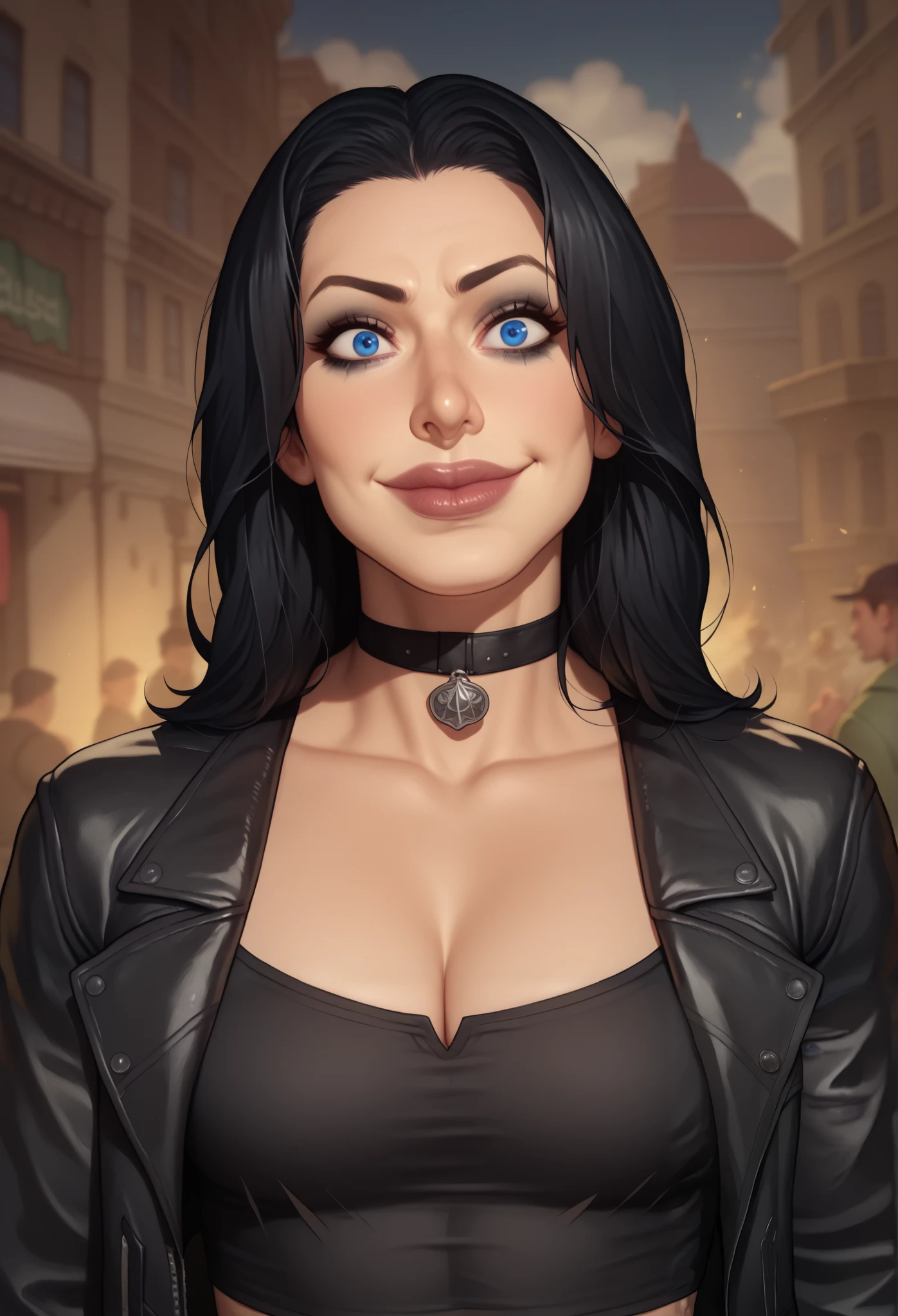 (((beautiful, high quality, comics style, detailed face))), score_9, score_8_up, score_7_up, BREAK, human, ((bignoselady, large nose, aquiline)), thick lips, goth girl aesthetic, jacked, beefy, muscular, oversized leather jacket, sexy face, full makeup, crazy smile. wearing black choker, black hair, crazy eyes, large eyes, blue eyes, BREAK, standing, ((fighting stance:1.1, figting pose, clenched hands)), midriff, motion lines:1.4, looking at the viewer, solo:1.4, streets outside, fantasy, blurred background, Expressiveh, detailxl