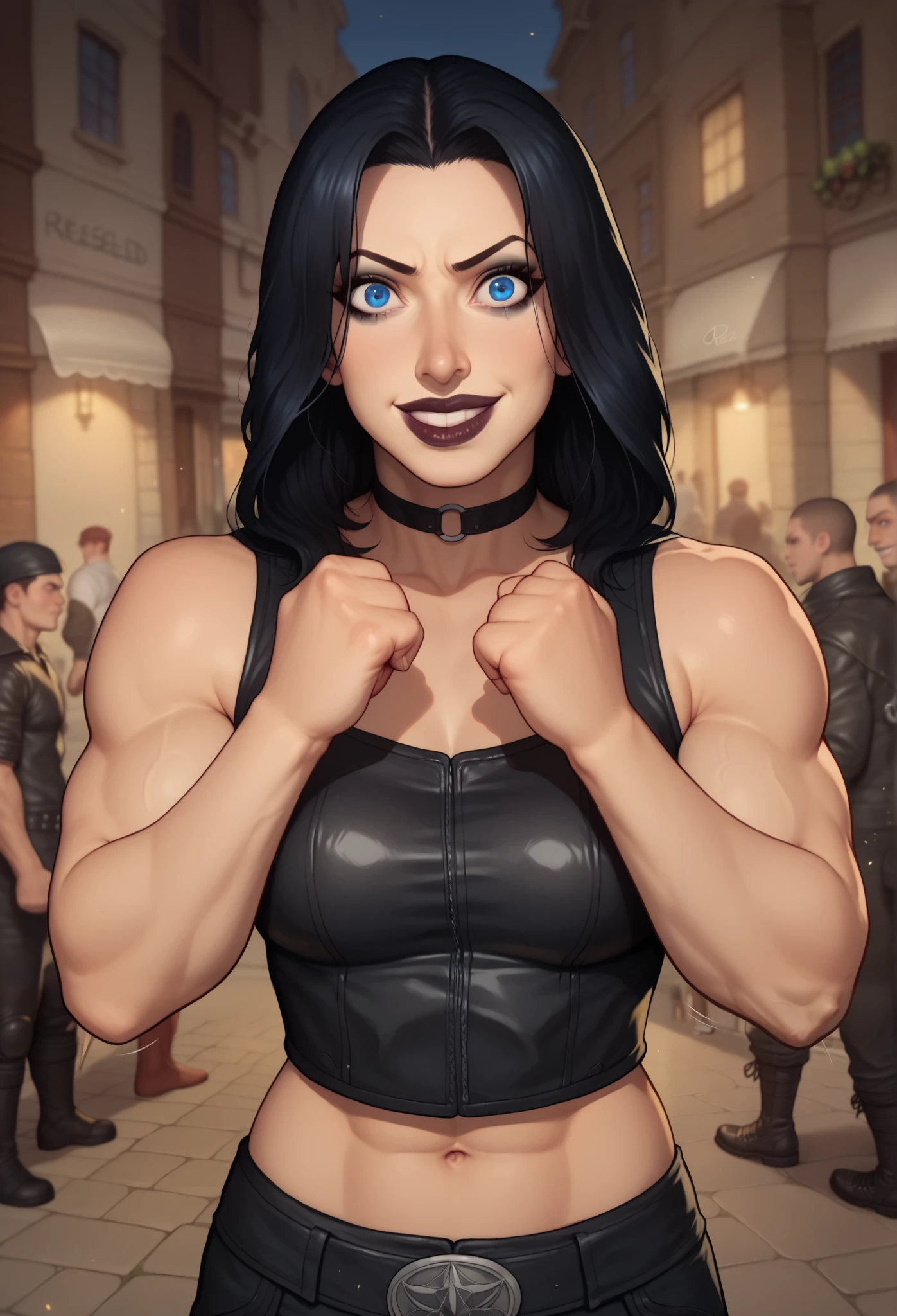 (((beautiful, high quality, comics style, detailed face))), score_9, score_8_up, score_7_up, BREAK, human, ((bignoselady, large nose, aquiline)), thick lips, goth girl aesthetic, jacked, beefy, muscular, oversized leather jacket, sexy face, full makeup, crazy smile. wearing black choker, black hair, crazy eyes, large eyes, blue eyes, BREAK, standing, ((fighting stance:1.1, figting pose, clenched hands)), midriff, motion lines:1.4, looking at the viewer, solo:1.4, streets outside, fantasy, blurred background, Expressiveh, detailxl