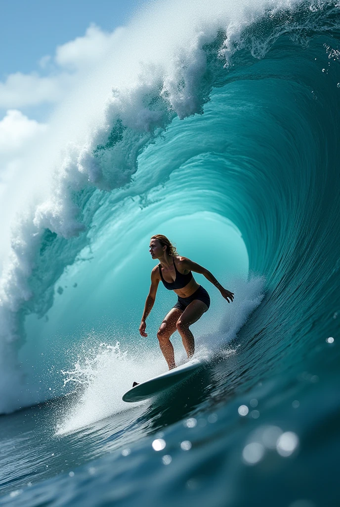 (best quality,4k,8k,highres,masterpiece:1.2),ultra-detailed,(realistic,photorealistic,photo-realistic:1.37), ((((A female surfer a big wave )))),tropical island, crystal clear turquoise water, blue sky with fluffy clouds, sun glare, ocean spray,wet suit,
