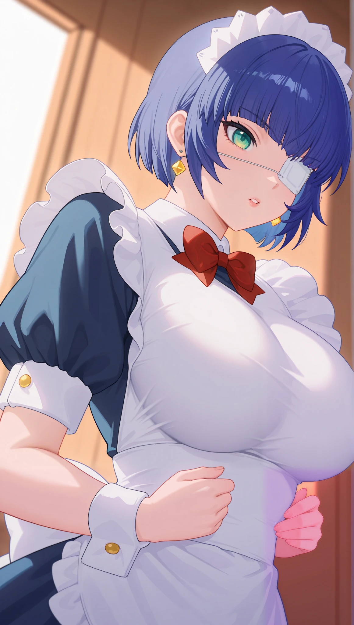 (masterpiece), (portrait), big breasts (aesthetics), ((1 female 21 years old)), Highlight earrings), ((short hair)), ((Hot crystal dark blue hair, bow tie and an eye patch)), ((Shimei Ryomou)) straight hair, thin eyes open, green eyes, cute, naughty,  parted lips, woman, feminine, beautiful, female features, top, high quality, aesthetic clothing, professional angle, (rule of thirds), (feminine), , (beautiful) , (female ) features), solo, (Korean attractive), summer, (ink haze), (afternoon), (vibrant light), seductive posture, ((face looking forward))), Shimei Ryomou, maid uniform, short puffed sleeves, maid tiara, wrist cuffs, sensual ((Energy)), (Bold Makeup), (big breasts), Fair Skin, (Clothes with Hip Hop Details), (a hot Shimei Ryomou, sculptural body, sexy pose), (Sleep Neckline), Beautiful Hands, Body beautiful, beautiful ears, beautiful eyes, bright eyes, beautiful mouth, beautiful lips, school terrace