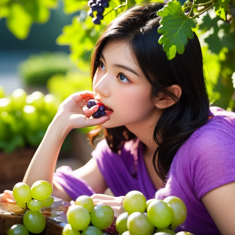  A boy eating a bunch of purple grapes with water splashing, ultra-high resolution, photographic effect, outdoor lighting.