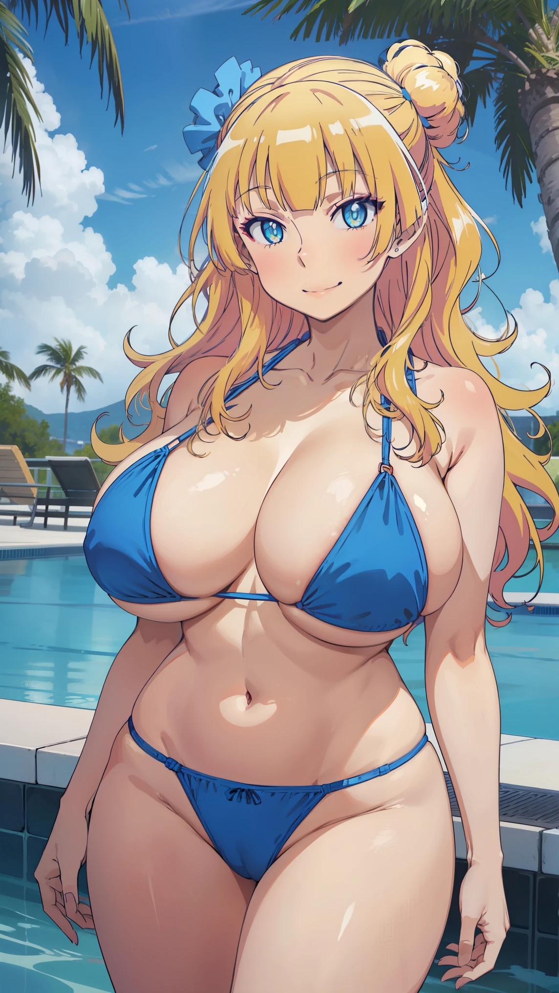 Anime girl in a bikini by a pool with palm trees seaart ai
