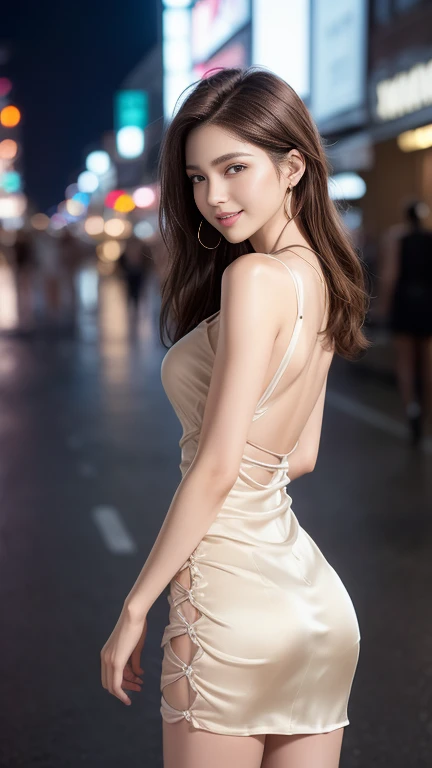 (masterpiece, best quality), (absurdres:1.3), (photorealistic:1.5), RAW photo of beautiful girl, long hair, (young girl:1.3), slim, detailed eyes, detailed face, (cinematic composition), dress, party, night city, cowboyshot, smile, looking back