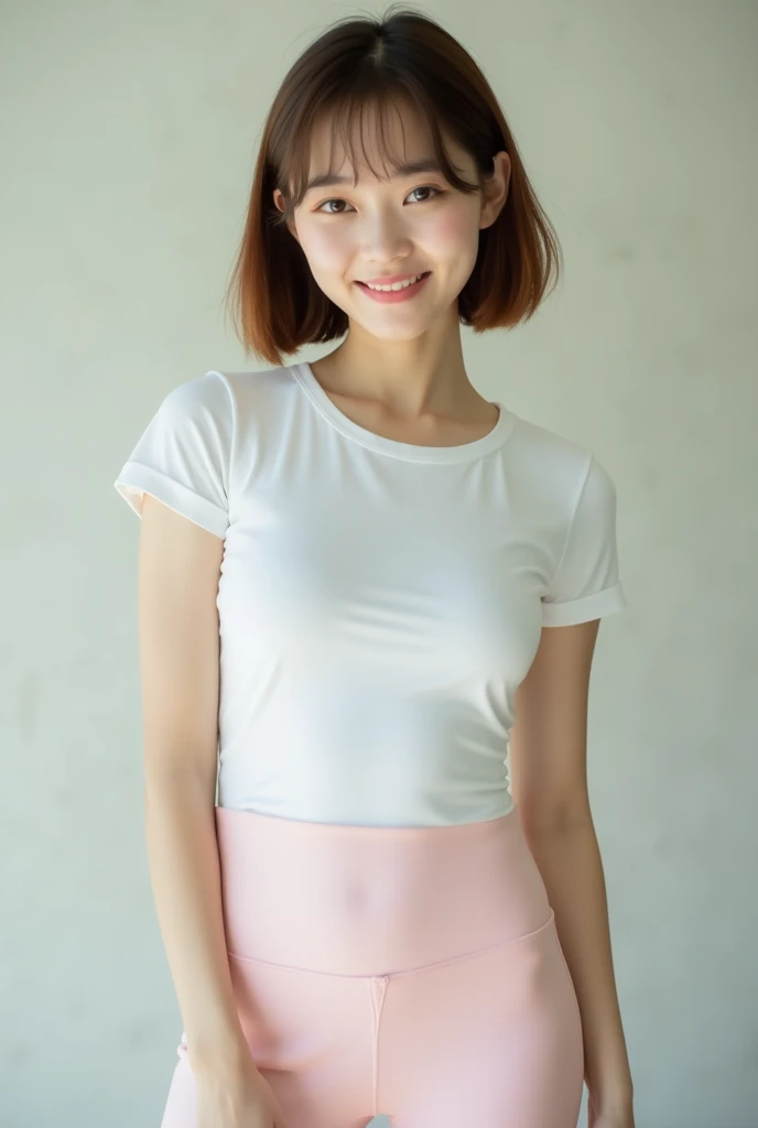 Picture taken from the front, with the left and right sides equally spaced, draw symmetrically, simple background, equally spaced left and right, stand upright, cowboy shot, (arms behind back:1.5), One girl, 18 years old, very short hair, ((WHITE tanktop, BLUE panties))