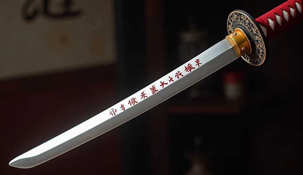 Realistic, with the theme "Japanese sword with pure white blade and intricately crafted scabbard", an old Japanese sword from the 1700s suitable for practical combat, with a crimson red handle, an intricately decorated circular tsubo, and a pure white blade 90cm long, the white blade has a blade pattern and is inscribed with crimson red Japanese kanji for spells to gain supernatural powers, the scabbard is pearl colored with white shells, sophisticated design, advanced lighting techniques, and 8K high definition live action photography.