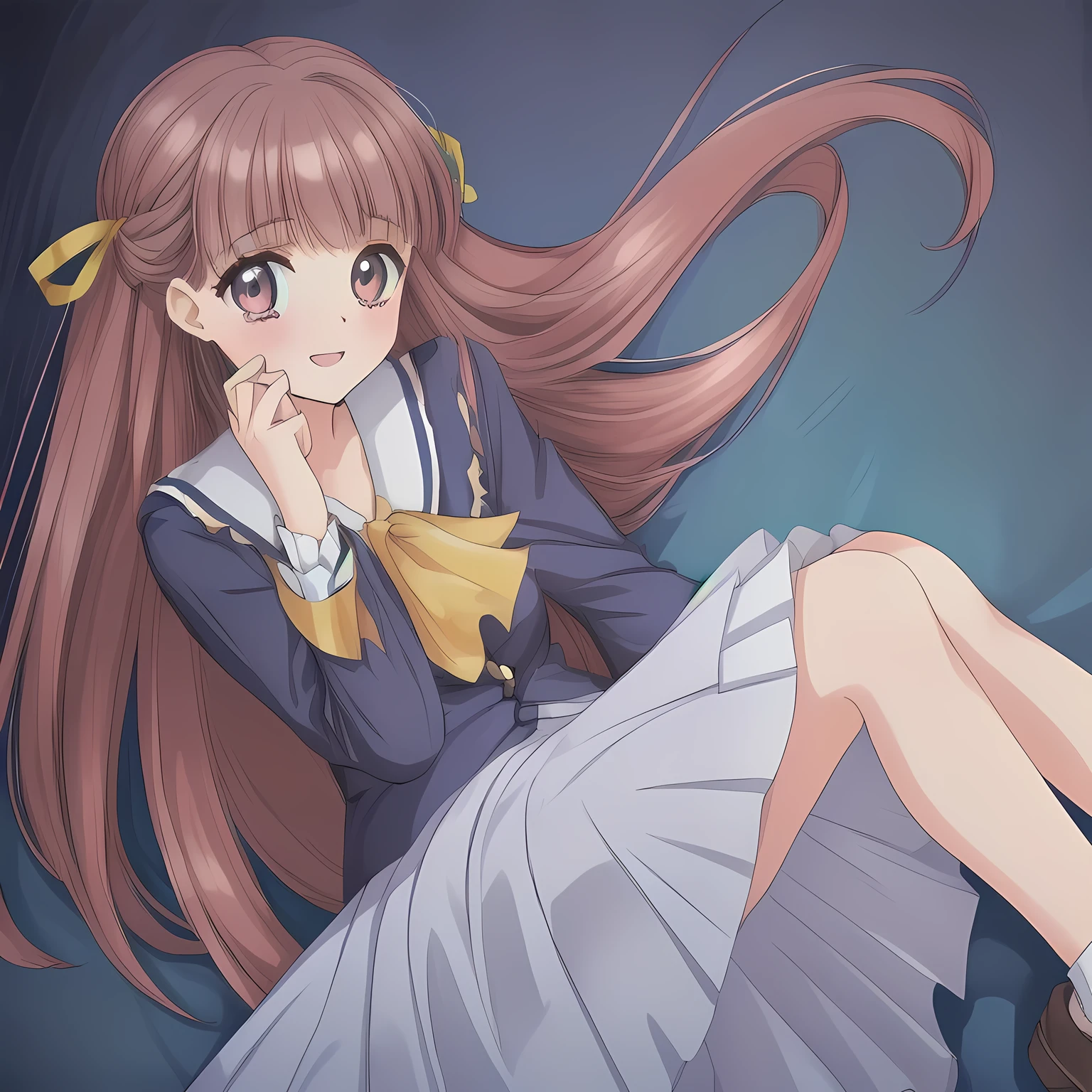 (highest quality, masterpiece: 1.6), (Too pretty intelligent girl with navy uniform is posing as a most beautiful heroine in a girl's date-games with a perfect supreme smile, looking down elegantly and laughing at the viewer, Too Beautiful noble beautiful anime noble heroine, unbelievable beauty, beautiful giggling noble elegant neat girl's date-gate heroine wares completely white neat blouse covered by navy-blue-expensive-blazer and navy-blue-checkered-pleats-school-skirt with metallic luster, the skirt should cover the knees to be neat, inviting me to the world of neat school-uniform pleasure, Noble Elegant blazer-style school uniform with prettiest blouse and blue-breast ribbon, beautiful legs with white socks, loafers: 1.5), (Anime-heroine's noble brown winked pretty eyes with profound intelligence are very narrowed due to extreme laugh.  Clearly double eye-ridged. The beauty of eyes have deep strong effect of allusion to melt the viewer's mind: 1.6), (Eyes, face and hair are especially beautifully detailed and beautifully drawn: 1.8), (Girl whom everyone loves because of her beauty and lovely fashion and noble manner and magic-charm: 1.4), (Very beautiful, various, cute gorgeous rich dark black hair like seducing hair model, with elegant big yellow hair ribbons: 1.5), (Perfect style like a famous school fashion model whom every girls admire: 1.5), (Clearly-detailed well-contrasted neat bewitching too-expensive atmosphere foreground: 1.8), (Dark-blue background: 1.9), (Viewer can't to stop falling into deep allusion by her beautiful seducing sweet pure soprano voice with extreme pleasure with high-class classic music: 1.8), (Take her laying full body prone shot and supine shot side by side. Only beautiful long legs can cross the center and can be intertwined: 1.5)